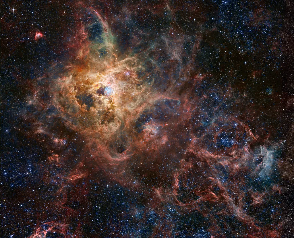 Nebulosa da Tarântula e a supernova SN 1987A (Imagem: Reprodução/Robert Gendler, Hubble Tarantula Treasury, European Southern Observatory, James Webb Space Telescope, Amateur Sources)
