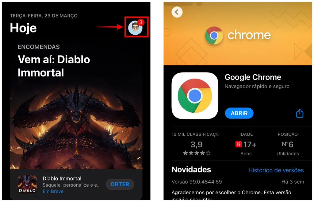 Como atualizar o Chrome no iPhone: entre no perfil da App Store para checar atualizações (Captura de tela: Caio Carvalho)