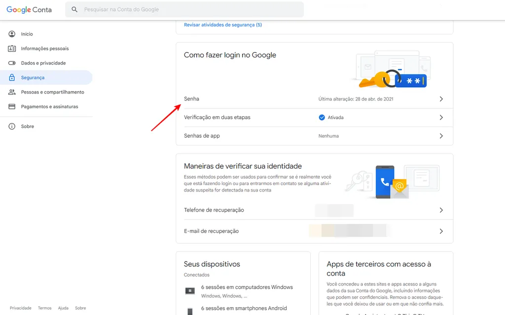 Modifique a senha de acesso à conta Google pelo computador (Imagem: Thiago Furquim/Canaltech)