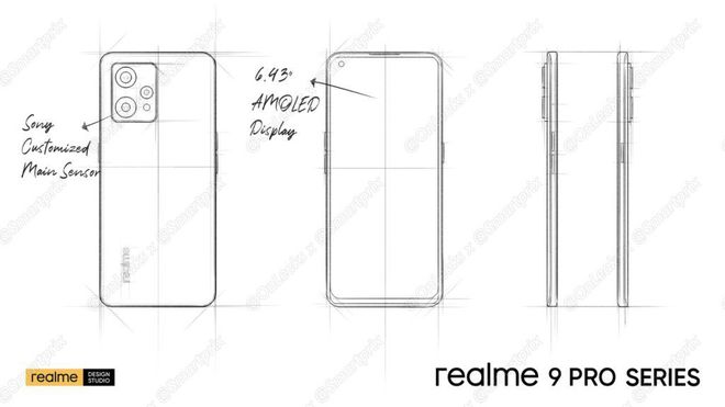 Ilustraçõs do Realme 9 Pro Plus sugerem desgin parecido com outros aparelhos da linha (Imagem: Smartprix/OnLeaks)