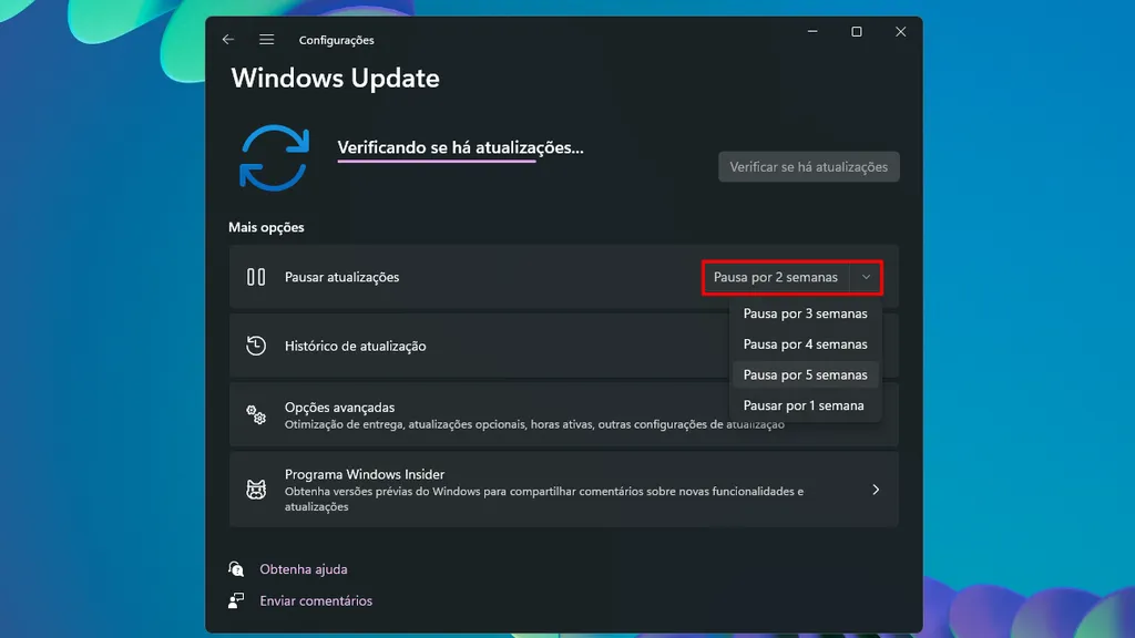 Você pode pausar as atualizações por até 5 semanas no Windows Update (Captura de tela: Canaltech/Felipe Freitas)