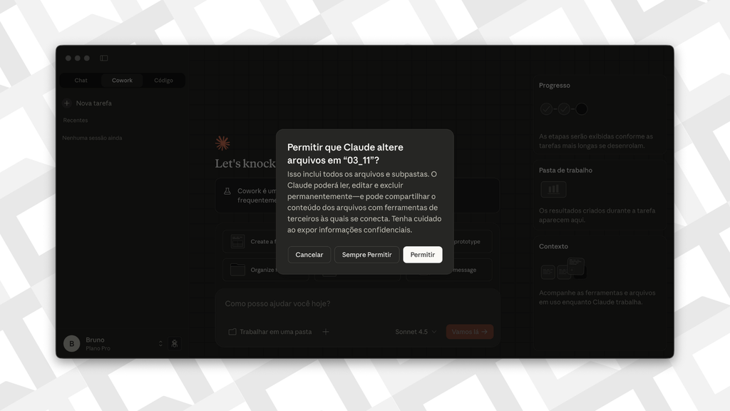 Cowork solicita permissão de acesso antes de trabalhar com pastas selecionadas (Imagem: Captura de tela/Bruno De Blasi/Canaltech)