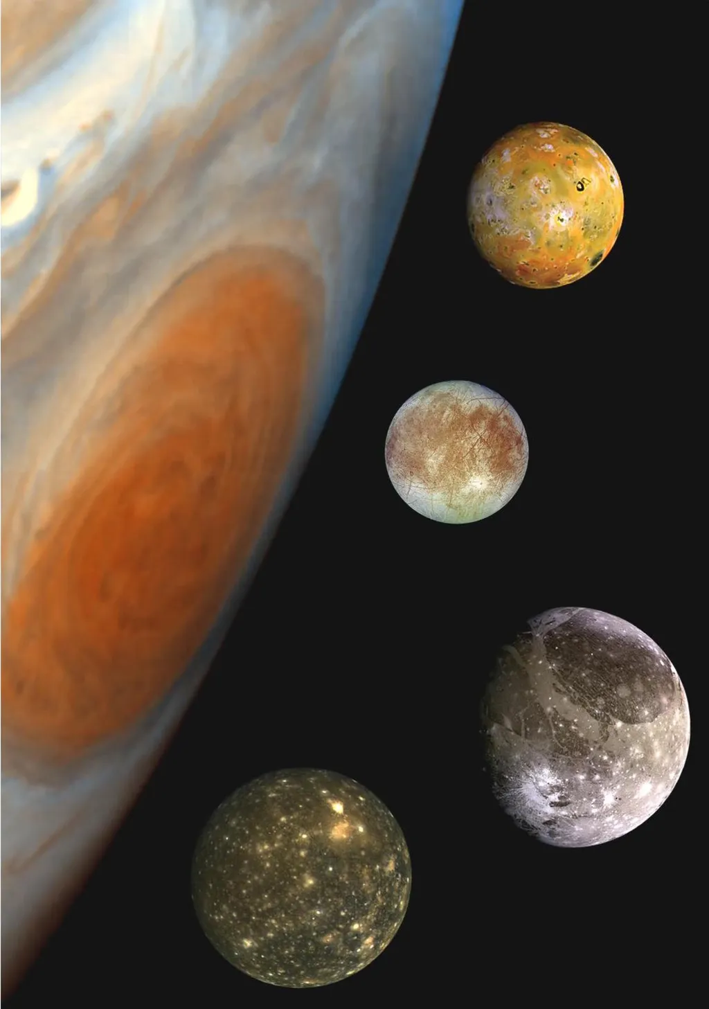 De cima para baixo, as luas Io, Europa, Ganimedes e Calisto; todas serão estudadas pela missão Juice (Imagem: Reprodução/NASA/JPL/DLR)