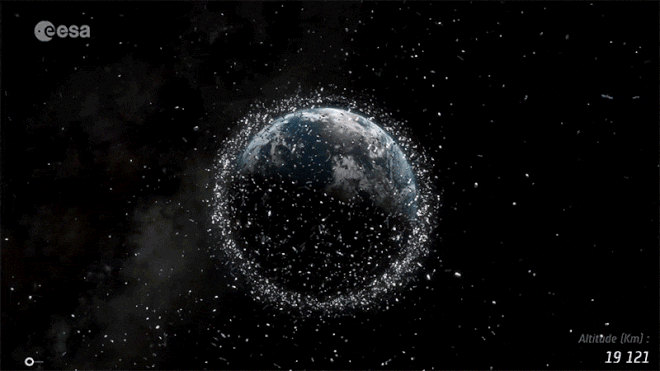 Representação do lixo espacial na órbita da Terra (Imagem: Reprodução/ESA)