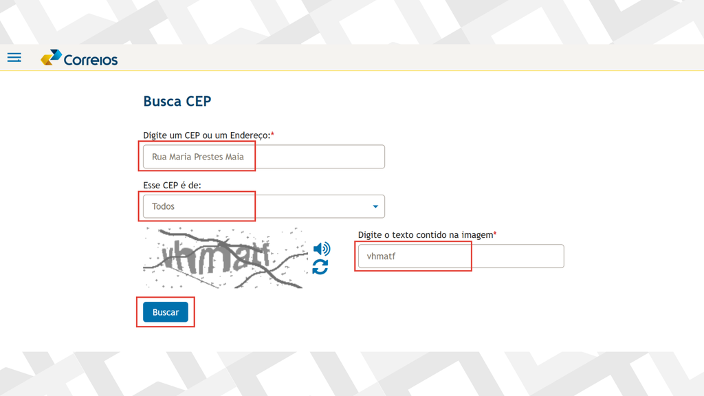 Captura de tela com passos para descobrir o CEP pelos Correios
