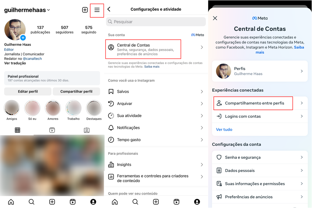 É possível acessar a Central de Contas da Meta pelo app do Instagram (Imagem: Captura de tela/Guilherme Haas/Canaltech)