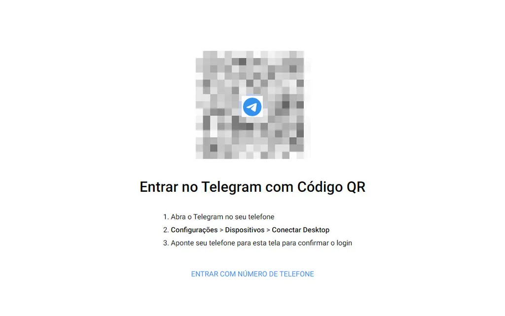 Acesse o Telegram Web para poder escanear o QR Code exibido na tela inicial (Captura de tela: Matheus Bigogno)