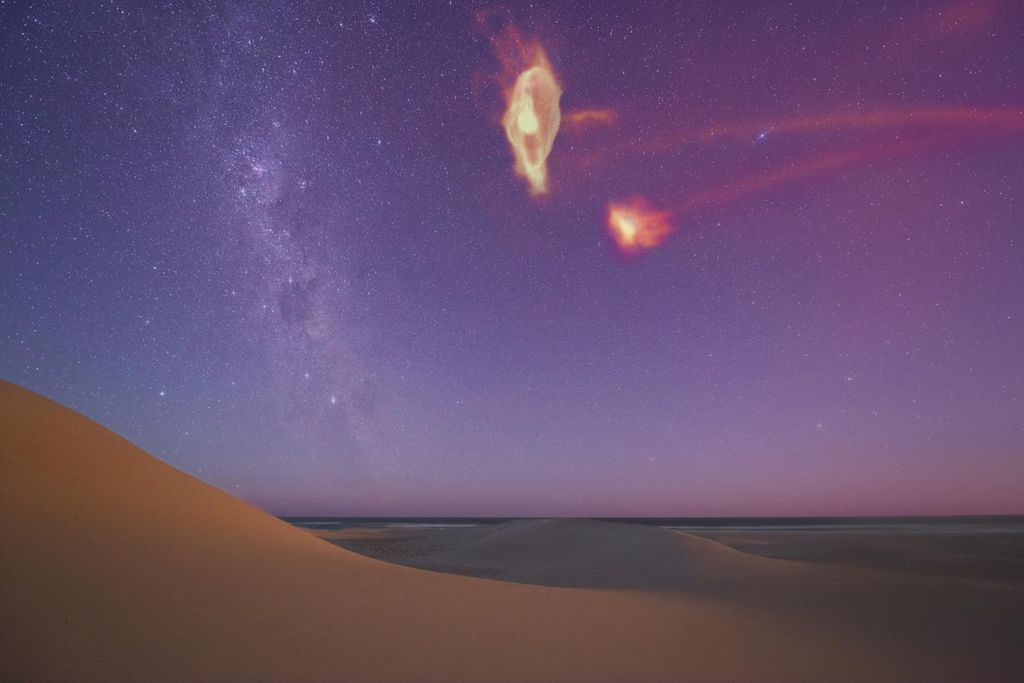 Simulação do Fluxo de Magalhães se afastando das galáxias anãs no céu noturno (Imagem: Colin Legg / Scott Lucchini)