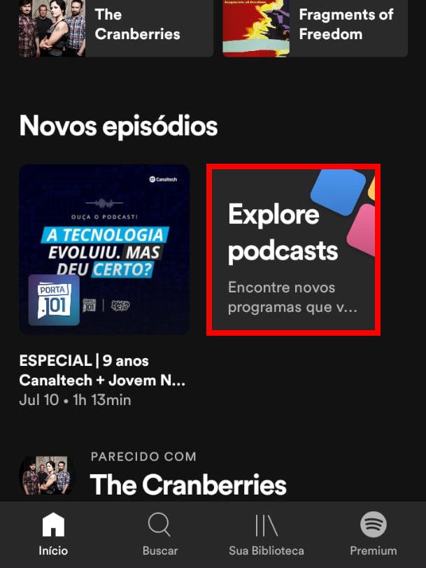 Abra o app do Spotify e clique no banner "Explore podcasts" (Captura de tela: Matheus Bigogno)