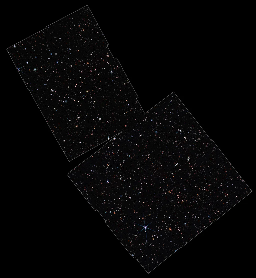 Nesta imagem estão as novas galáxias recordistas de distância que o Hubble não conseguiu ver, detectadas pelo James Webb (Imagem: Reprodução/NASA/ESA/CSA/M. Zamani/Brant Robertson/S. Tacchella/E. Curtis-Lake/S. Carniani/Colaboração JADES)