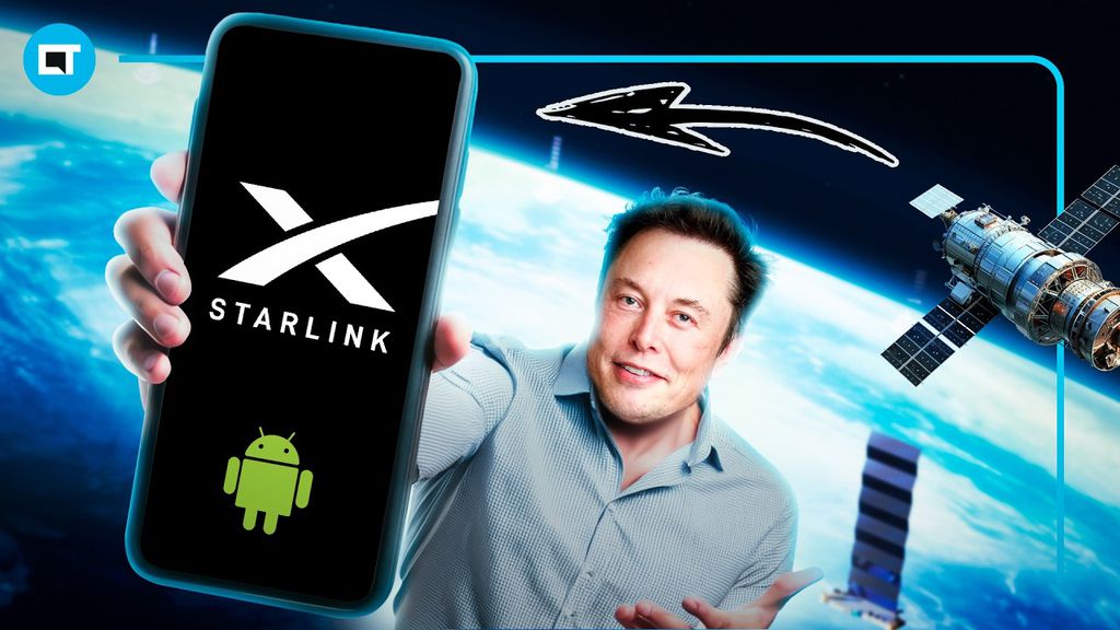 Elon Musk segurando um smartphone Android com o logo Starlink e um satélite Starlink ao fundo