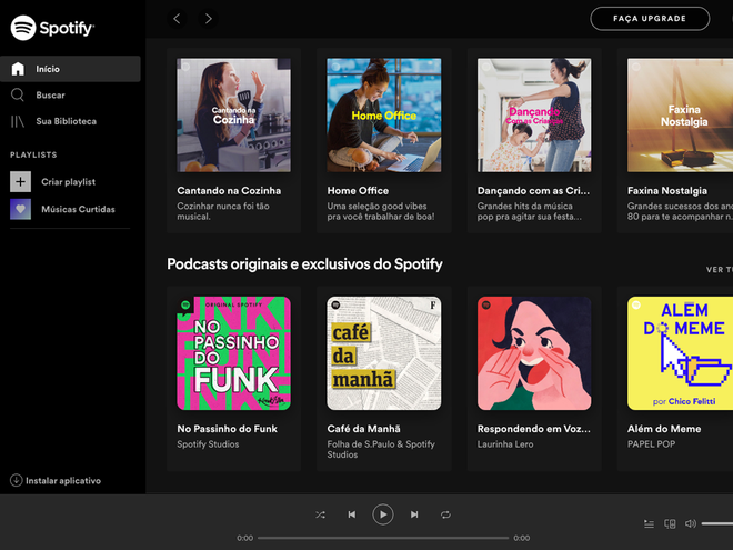 Versão gratuita do Spotify apresenta um botão para upgrade de conta (Imagem: André Magalhães/Captura de tela)