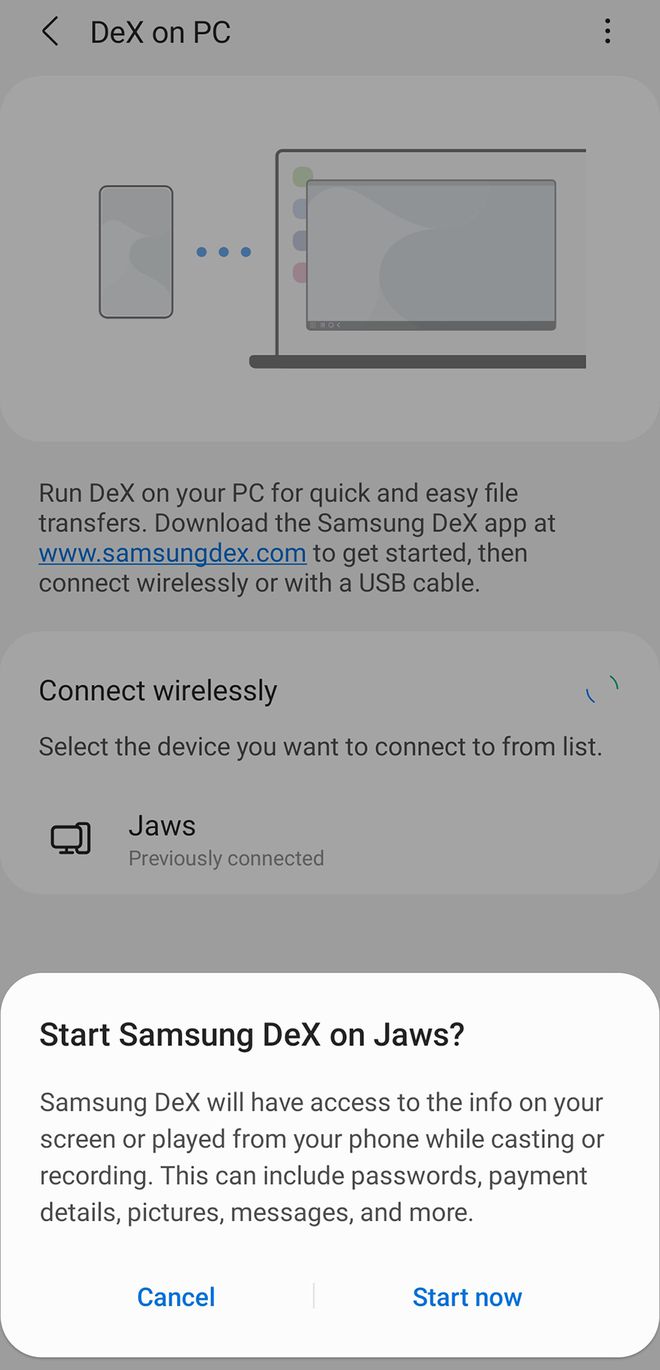 Tela de conexão do Gaaxy S21 a um PC sem fio (Imagem: Reprodução/Android Police)