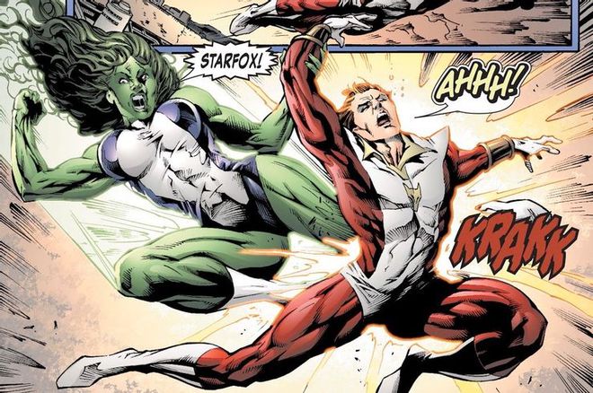 Starfox já teve um caso com a Mulher-Hulk, o que não acabou muito bem (Imagem: Reprodução/Marvel Comics)