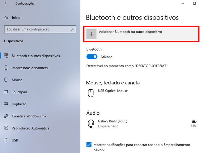 Com o Bluetooth ativado, clique na opção indicada na imagem (Captura de tela: Matheus Bigogno)