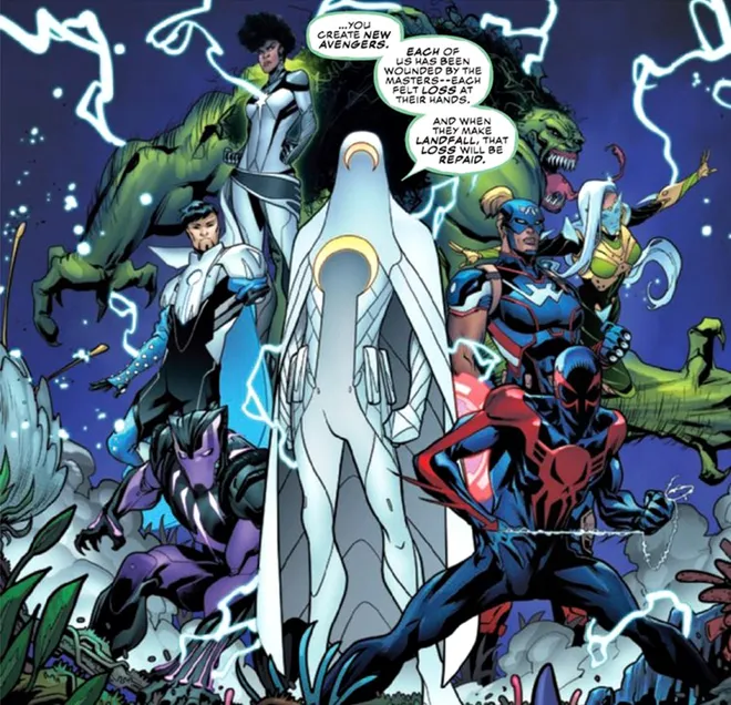 Novas versões futuristas dos Vingadores liderados pelo Homem-Aranha 2099 (Imagem: Reprodução/Marvel Comics)