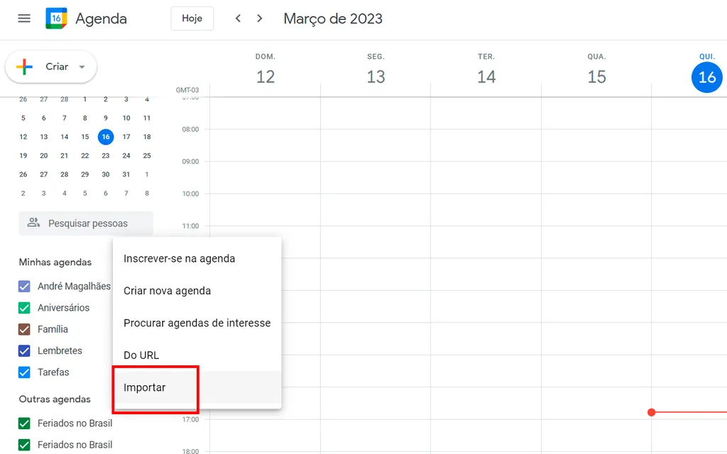 Abra o calendário no navegador para importar dados de outras plataformas (Imagem: Captura de tela/André Magalhães/Canaltech)