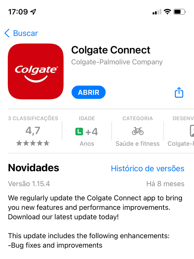 O Colgate Connect está disponível de forma gratuita na App Store - Captura de tela: Thiago Furquim (Canaltech)