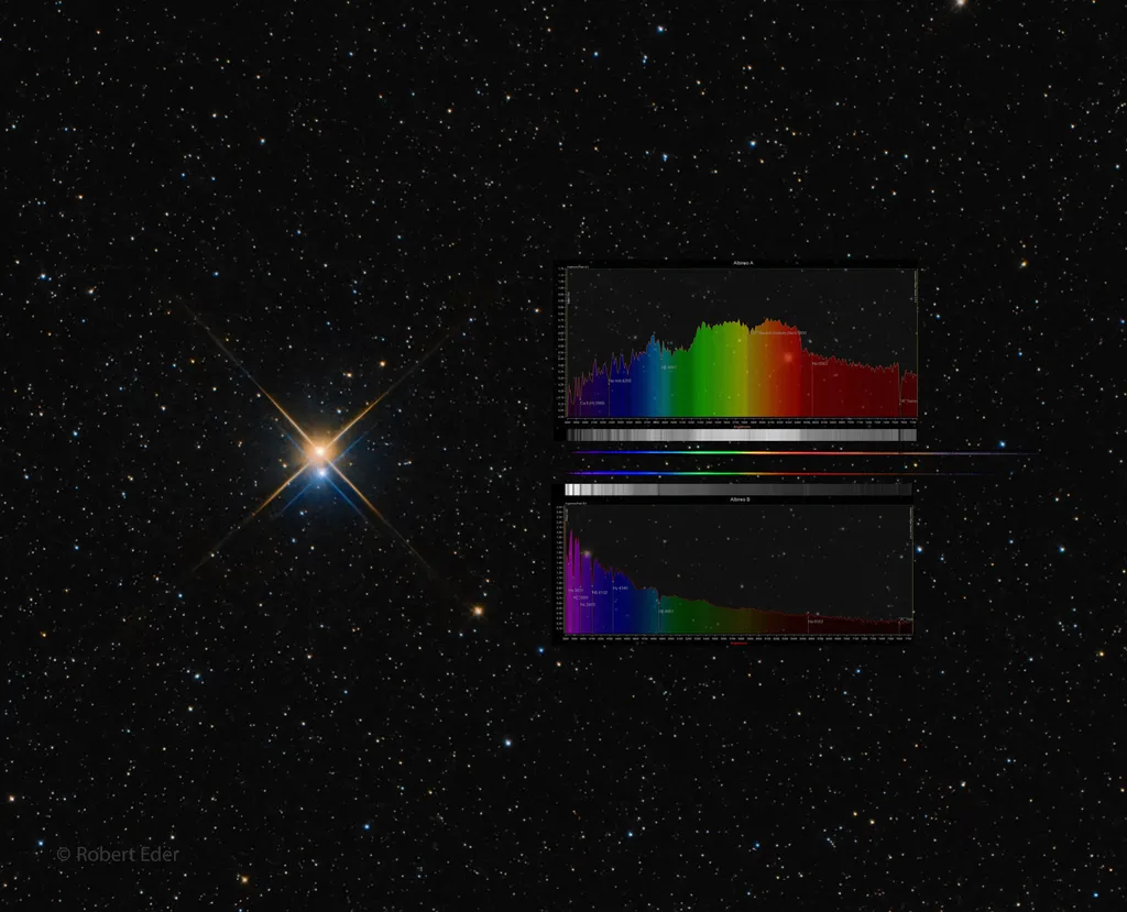 Apesar de parecer uma só estrela quando observada a olho nu, Albireo AB é formada por duas estrelas (Imagem: Reprodução/Robert Eder)
