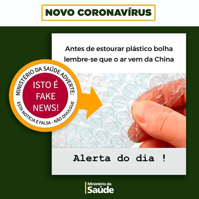 Ministério da Saúde desmente boatos sobre o novo coronavírus, como a do plástico bolha (Imagem: Redes sociais/ Ministério da Saúde) 