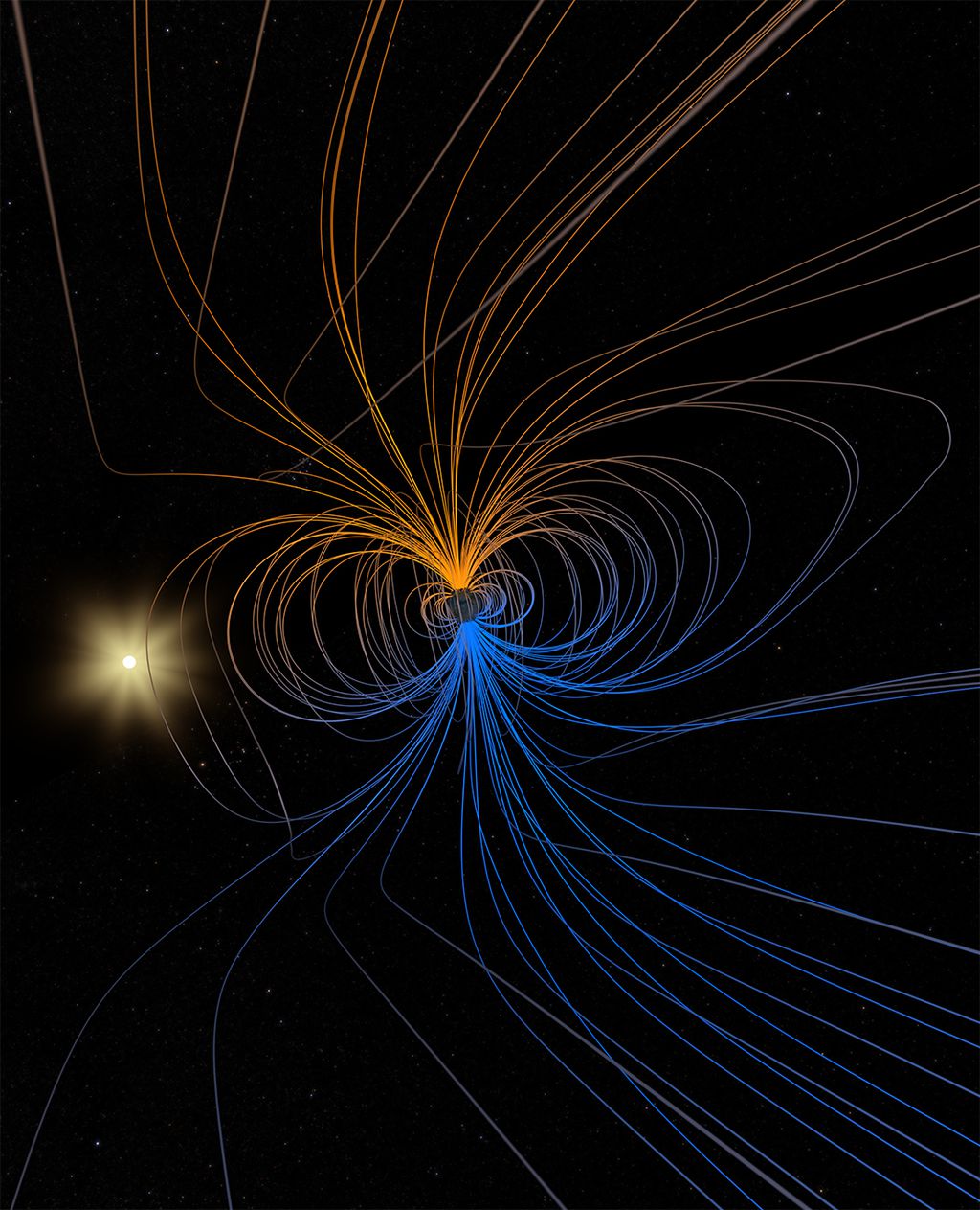 Representação das linhas do campo magnético da Terra (Imagem: Reprodução/Goddard Space Flight Center da NASA)