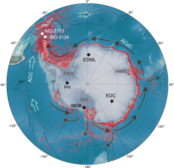 Mapa da localização e deslocamento dos icebergs (Imagem: Reprodução/Michael Weber et al.)