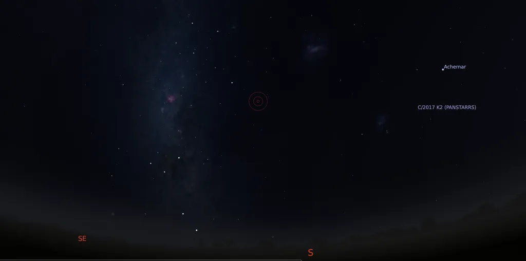 Simulação da passagem do asteroide no céu da região sul, por volta das 20h40 de 15 de fevereiro (Imagem: Captura de tela/Stellarium/Patricia Gnipper)