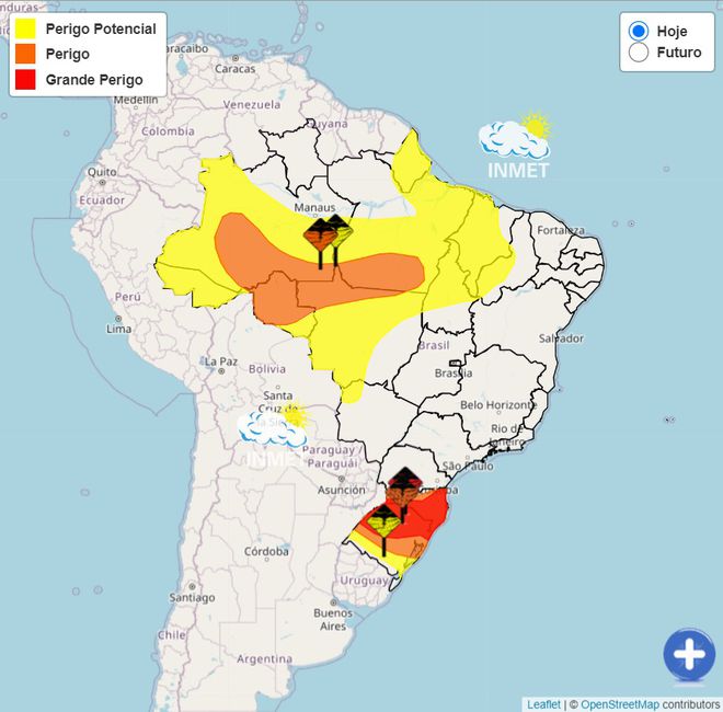 Inmet emite alerta vermelho de "grande perigo" para diferentes regiões no país por causa das chuvas e tempestades (Imagem: Inmet)