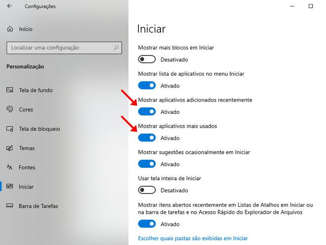 Ative ou desative a opção "Mostrar aplicativos mais usados" (Captura de tela: Matheus Bigogno)