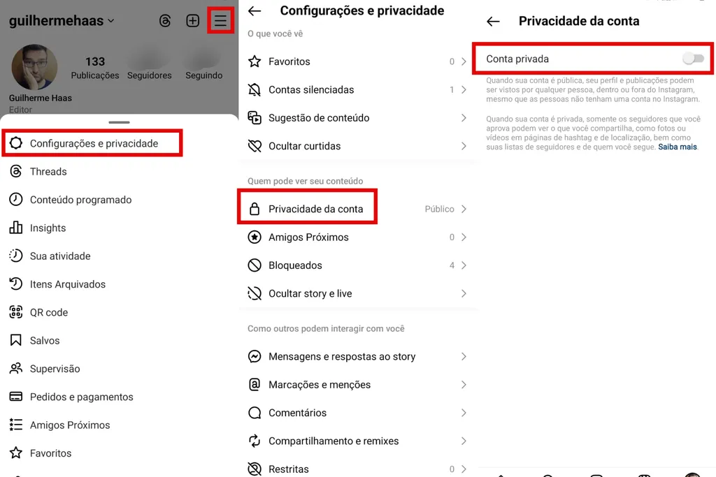 Como alterar a privacidade da conta no Instagram (Imagem: Captura de tela/Guilherme Haas/Canaltech)