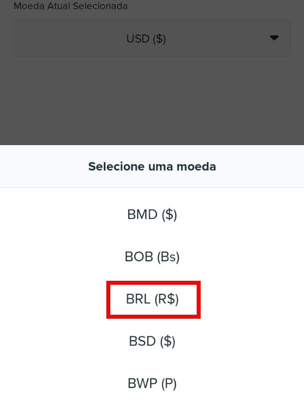 No menu aberto no canto inferior, selecione a opção "BRL (R$)" (Captura de tela: Matheus Bigogno)