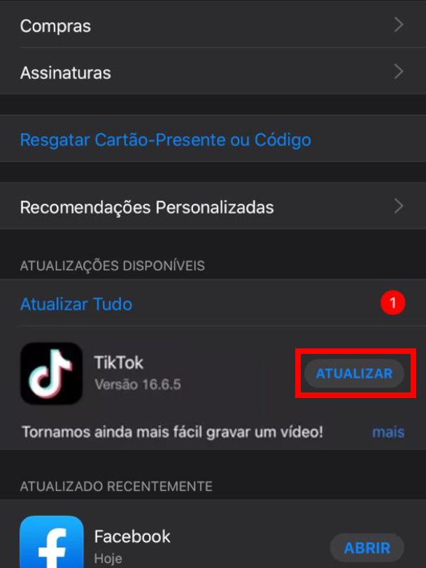 Espere o sistema procurar por atualizações e, caso o TikTok possua uma, clique em "Atualizar" (Captura de tela: Matheus Bigogno)