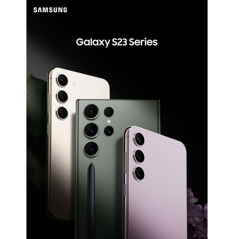 Pôster com Galaxy S23, S23 Plus e S23 Ultra.