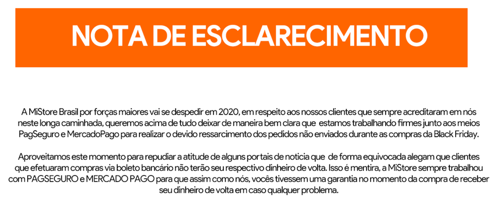 Mi Store Brasil prometeu reembolso a todos os consumidores prejudicados, mas não tem facilitado o processo (Captura de tela: site da Mi Store Brasil)