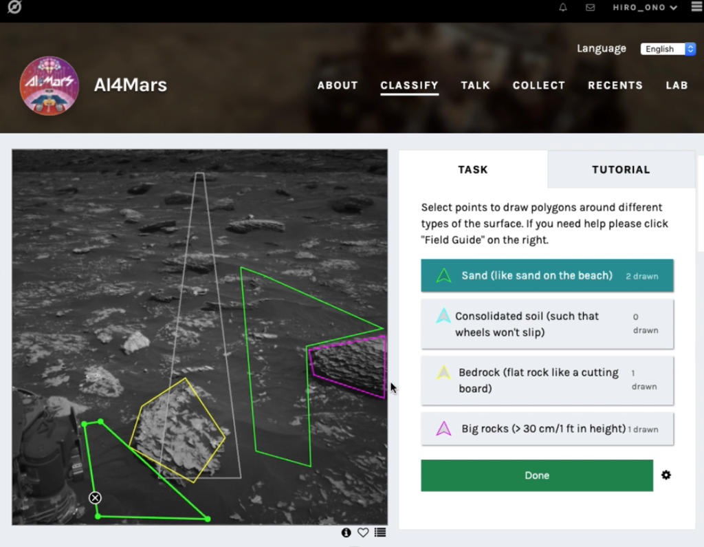 A ferramenta online AI4Mars permitem que usuários ajudem a treinar um algoritmo que identifica terrenos em Marte para o Curiosity (Imagem: NASA/JPL-Caltech)