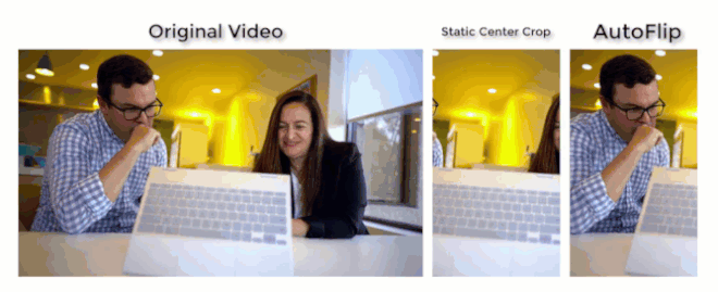 Esquerda: Vídeo original (16: 9). Meio: reformulado usando um recorte central padrão (9:16). Direita: reformulada com AutoFlip (9:16) (Foto: Reprodução/Google)