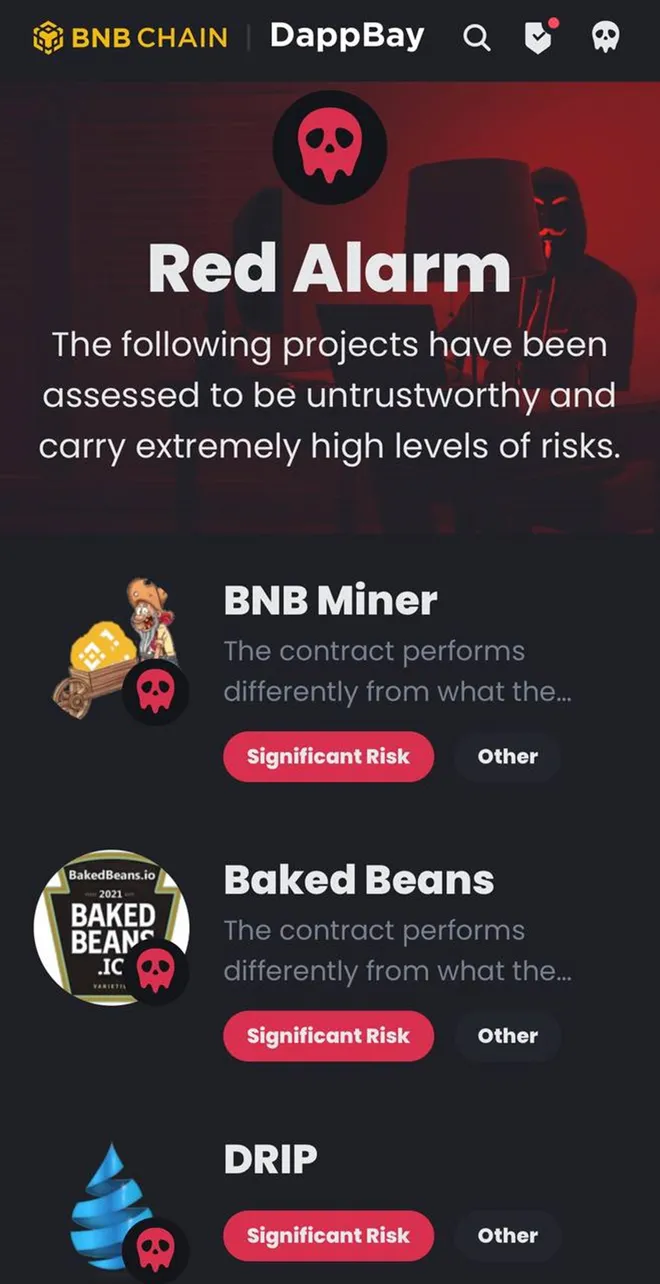 A BNB Chain lançou a plataforma DappBay a fim de ajudar os usuários a identificar os melhores projetos para investir, um dos recursos é o Red Alarm, a ferramenta sinaliza ao investidor possíveis riscos de golpes (Imagem:Reprodução/BNBChain)