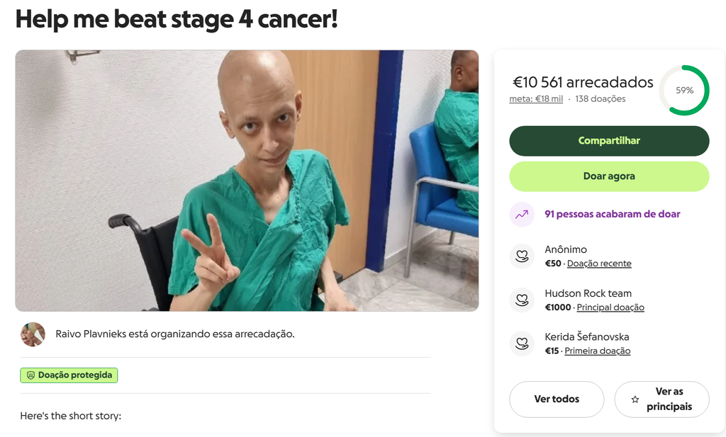 Campanha do jogador Raivo Plavnieks (RastalandTV) para arrecadar fundos para seu tratamento de câncer (Imagem: GoFundMe/Raivo Plavnieks/Divulgação)