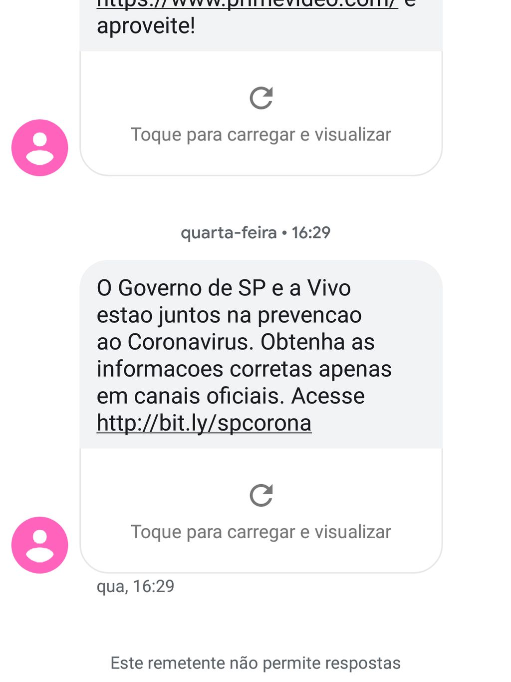 Exemplo de SMS enviado através da parceria do Governo de São Paulo com empresas de telefonia (Foto: Reprodução/André Magalhães)