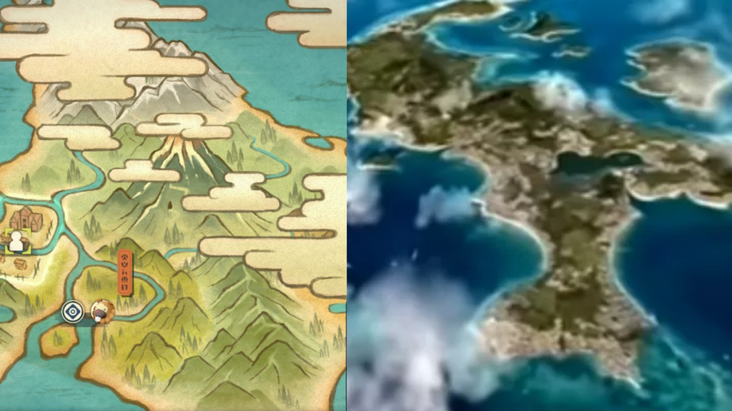 Mapa de Hisui em Legends: Arceus e de Kubanacan na novela da Globo (Imagem: Montagem/Canaltech/Nintendo/Globo)