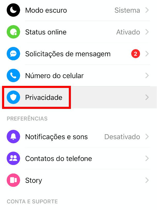 Abra o app do Messenger, clique na sua foto no menu superior e clique em "Privacidade" (Captura de tela: Bruno Salutes)