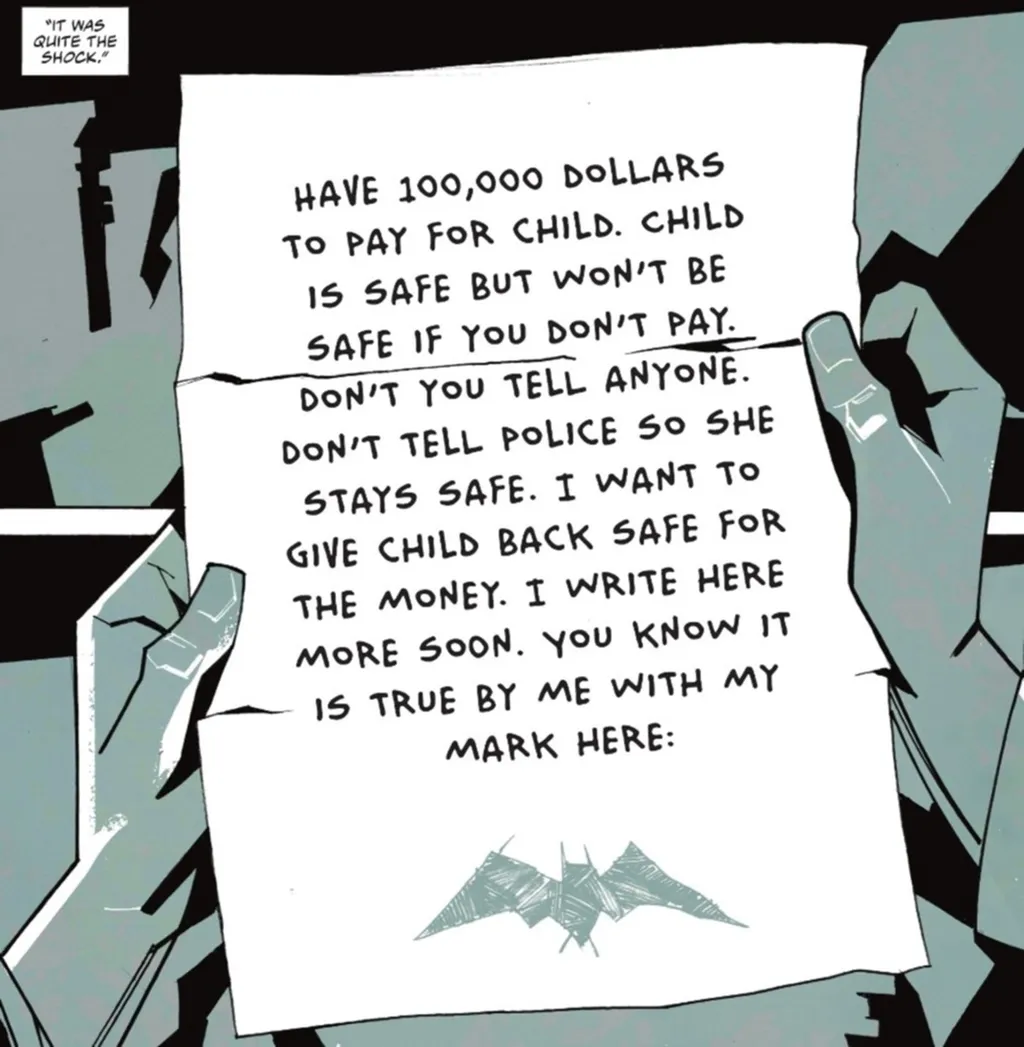 A carta recebida pela avô de Bruce Wayne com o símbolo de um morcego, que teria dado origem ao nome Batman em Gotham City (Imagem: Reprodução/DC Comics)