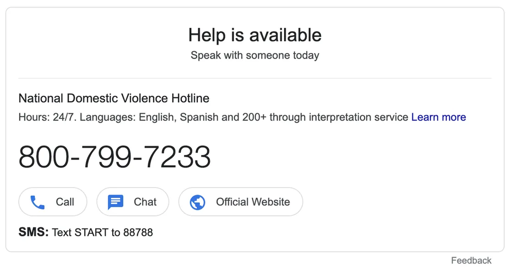 Busca de termos relacionados a violência doméstica retorna canais de contato para vítimas e sobreviventes (Imagem: Reprodução/Google)