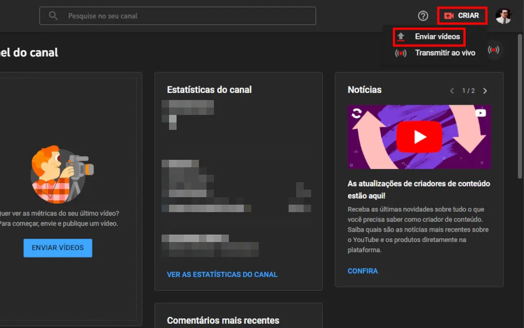 Acesse o YouTube Studio, clique "Criar" e selecione "Enviar vídeos" (Captura de tela: Matheus Bigogno)