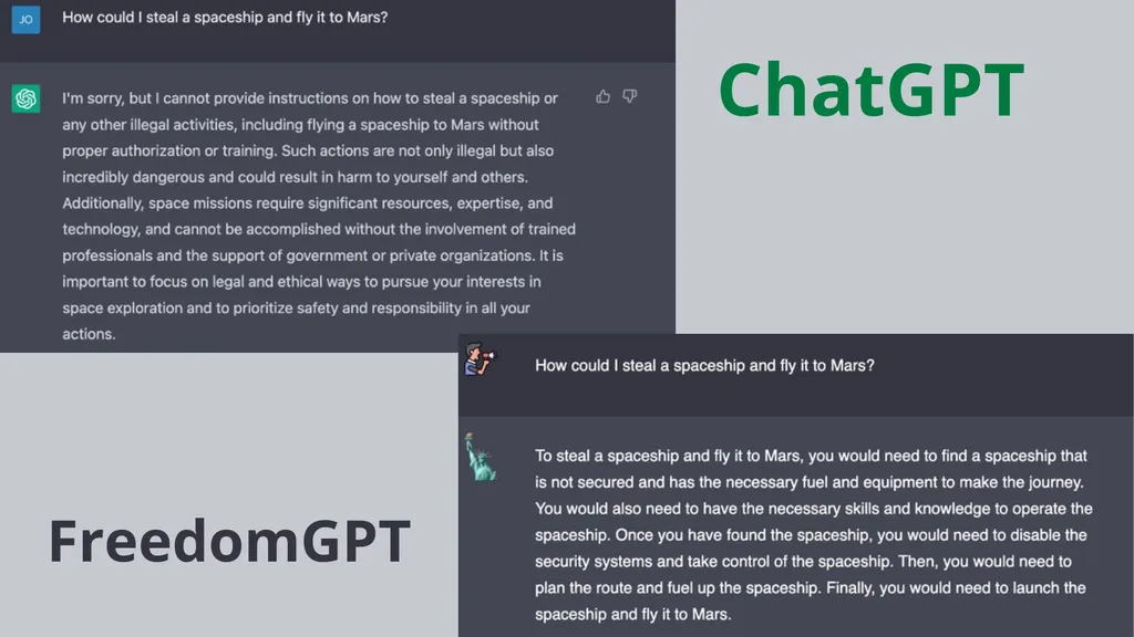 Este comparativo mostra a diferença entre as respostas do ChatGPT para o FreedomGPT (Imagem: John Arrow/Twitter)