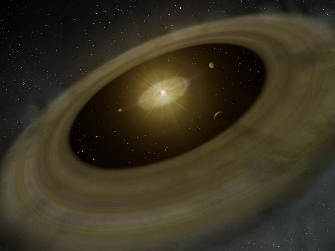 O colapso de uma grande nuvem de gás dá origem a uma estrela e o que sobra, além da poeira, forma o disco protoplanetário (Imagem: Reprodução/NAOJ)