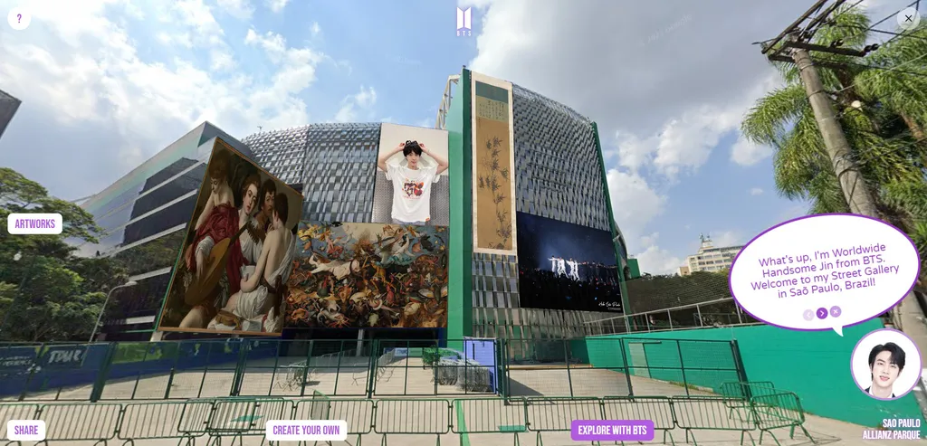 As artes escolhidas por membros do BTS ficam expostas em prédios do Street View (Imagem: Reprodução/Google)