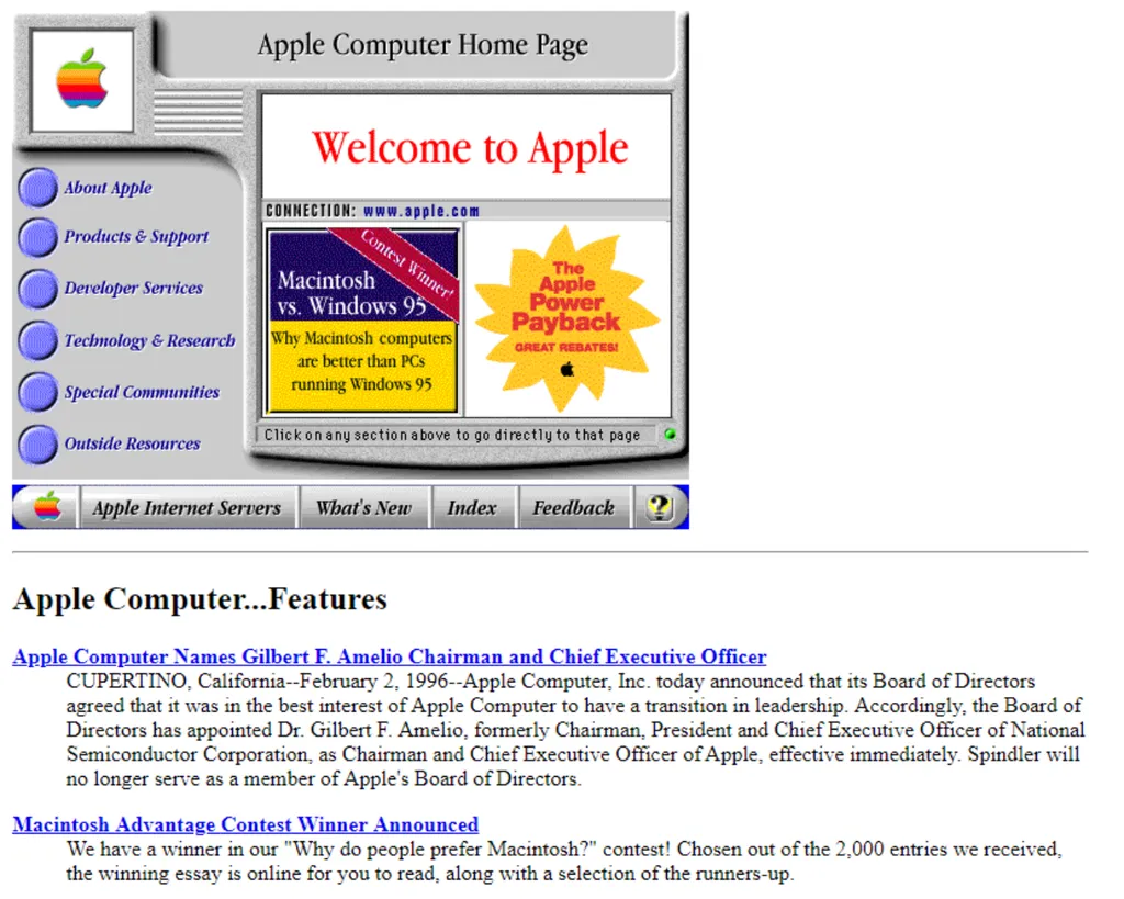 O site original da Apple tinha um painel de opções no topo (Imagem: Reprodução/Web Design Museum)