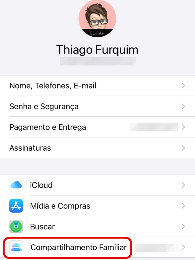 Acesse o menu de "Compartilhamento Familiar" nos "Ajustes" do iOS - Captura de tela: Thiago Furquim (Canaltech)