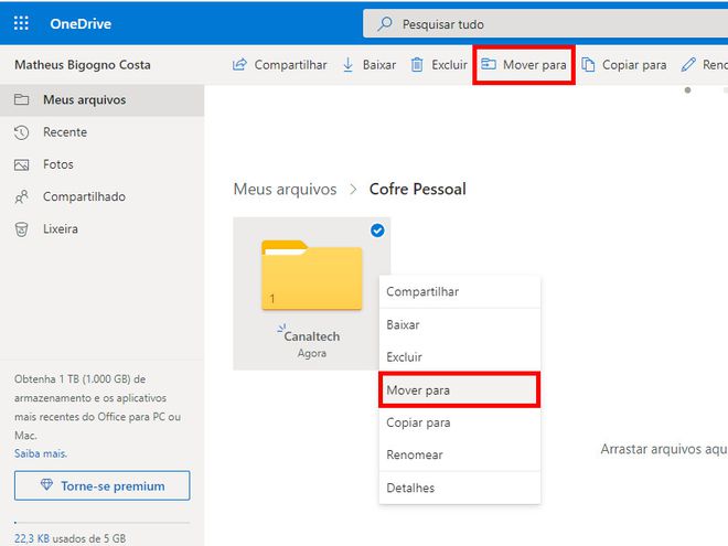 Para remover um arquivo do Cofre Pessoal, selecione o item "Mover para" (Captura de tela: Matheus Bigogno)